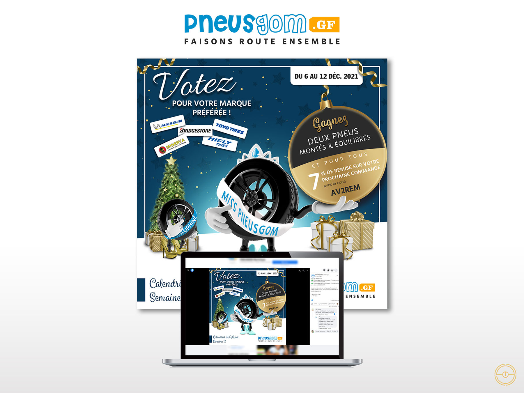 Création d'un digital marketing de Noël pour la marque Pneusgom, spécialiste du pneu en Guyane Française